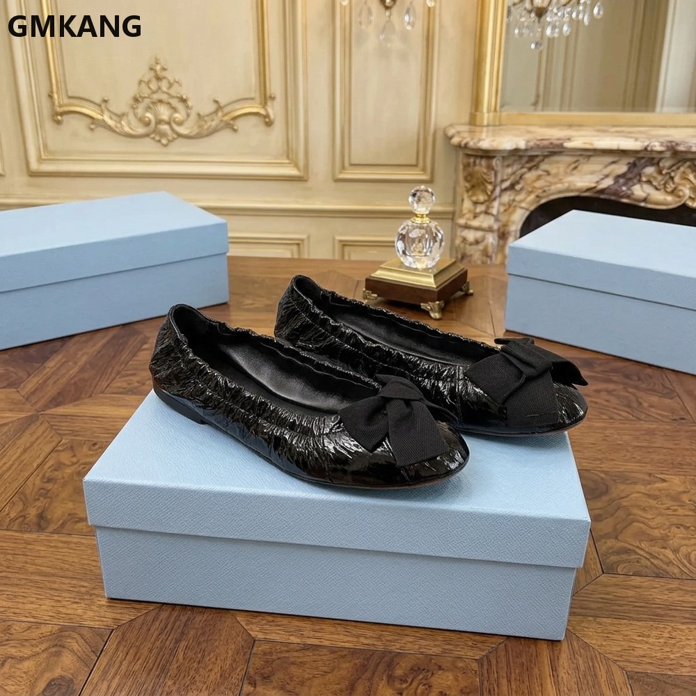 Leather Work Flats Women - レディース バレエシューズ リボン付き プリーツ カジュアル ドレスシューズ