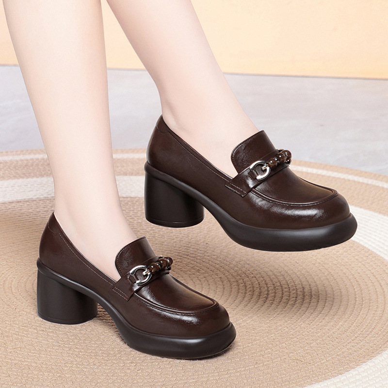 Leather Work Flats Women - 女性用チャンキーヒールローファー、ビーズとメタルバックル付きレザーシューズ、快適で滑りにくいワークドレスシューズ、レディース、母の日ギフトに最適