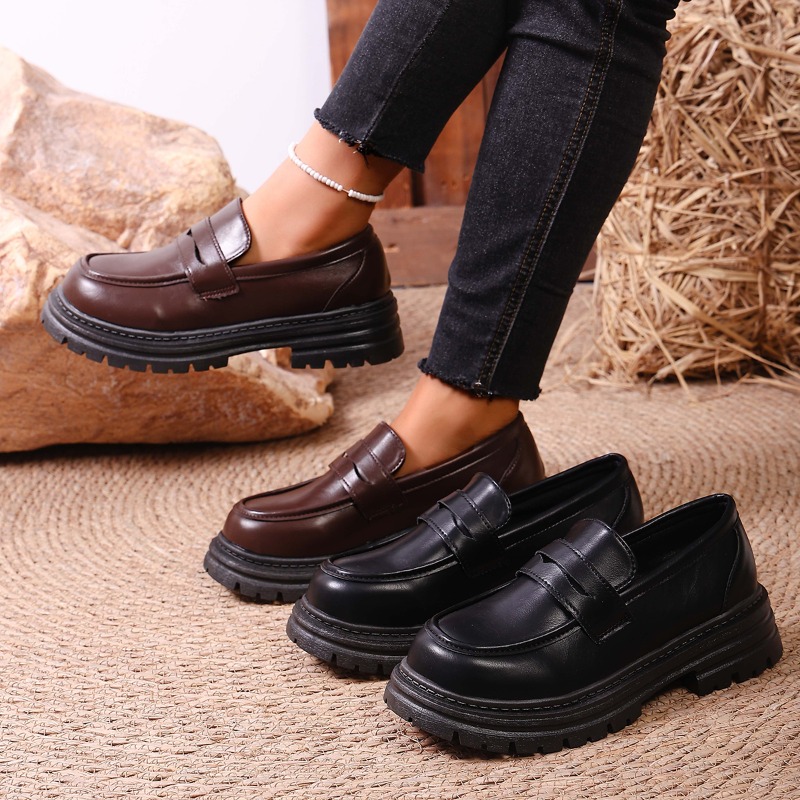 Leather Work Flats Women - レディース ブラウン レザー ローファー チャンキーソール 快適な靴