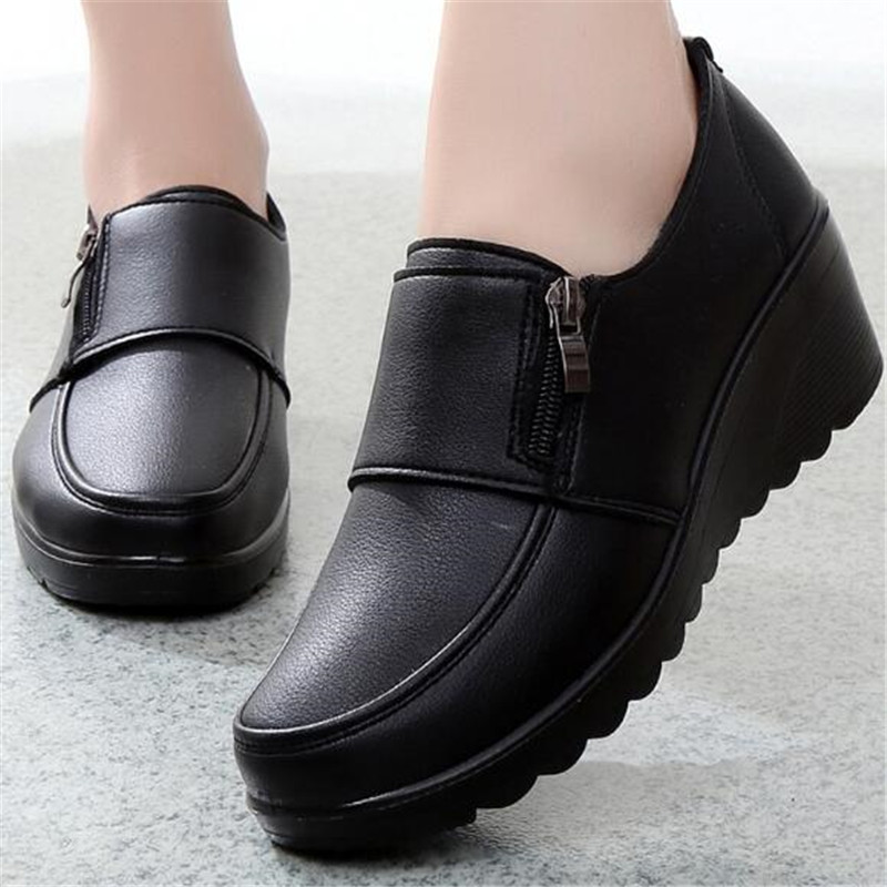 Leather Work Flats Women - 女性のためのカジュアルな革のウェッジシューズ,快適なスリッポンフラットシューズ,女性のための黒い作業靴,新しい春のファッション