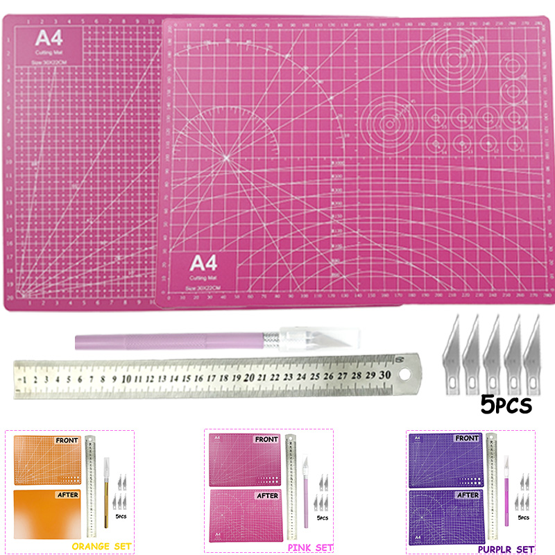 Leatherwork Ruler - A4 PVCハンドカッティングマットセット、アートツール、PVCペーパーカッティングマット、30cmステンレス定規、カービングナイフ（替刃5枚付き）DIYスクラップブッキング、革、ペーパークラフト、模型製作、縫製、手作り作品に最適