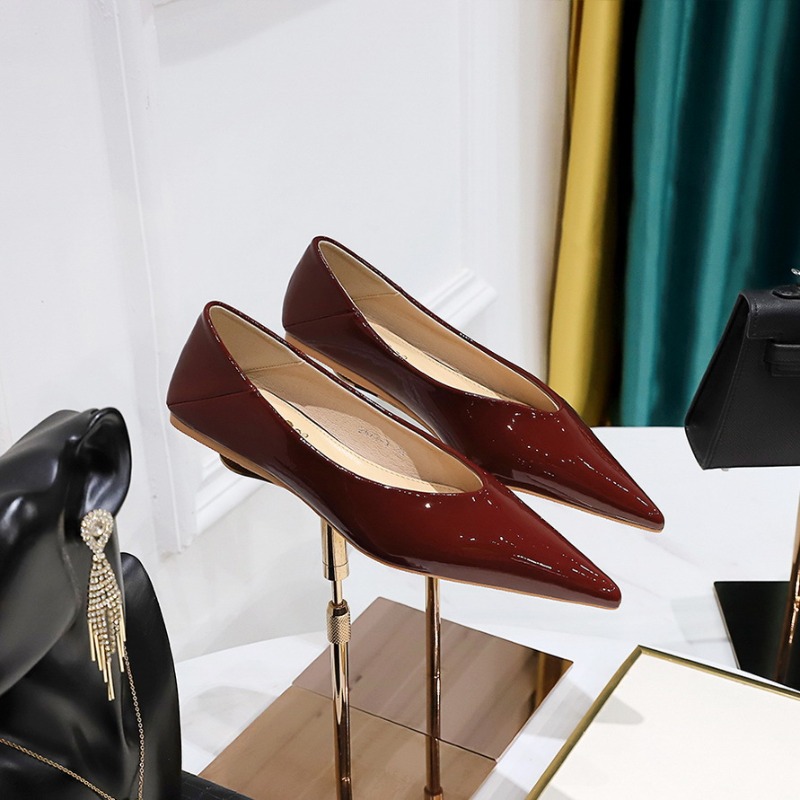 Leather Work Flats Women - ファッション女性 1 センチメートルローヒール作業フラット女性のパテントレザーポインテッドトゥローヒール女性簡潔なオフィス毎日スリップオンフラットシューズ