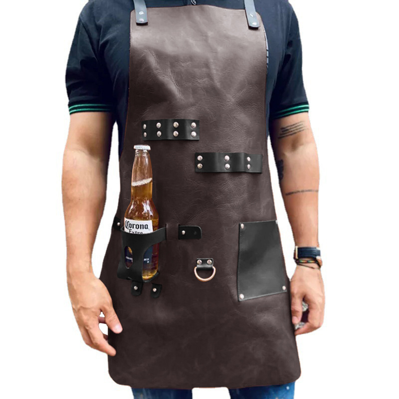 Leatherwork Apron - アウトドアPUレザーエプロン アウトドアBBQビールボトルカバー 多機能メンズワークレザーエプロン 作業服