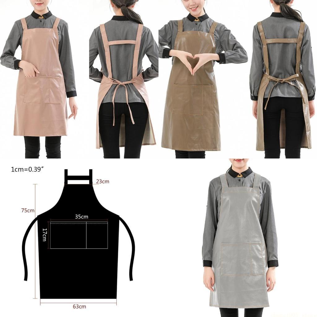 Leatherwork Apron - QX2E 人工皮革防水ワークエプロン ポケット付き ソリッドカラー キッチン 耐油