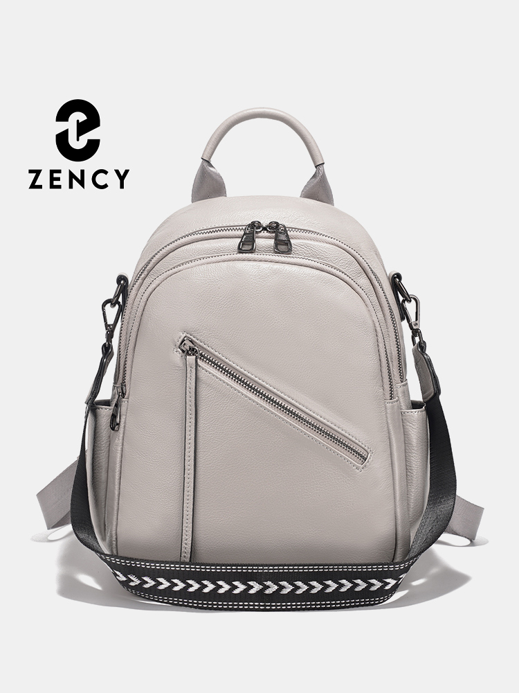 Leather Work Womens Backpack - Zency レディース 本革バックパック 通勤用の広々としたジップポケット付き 幅広ストラップ コンバーチブル