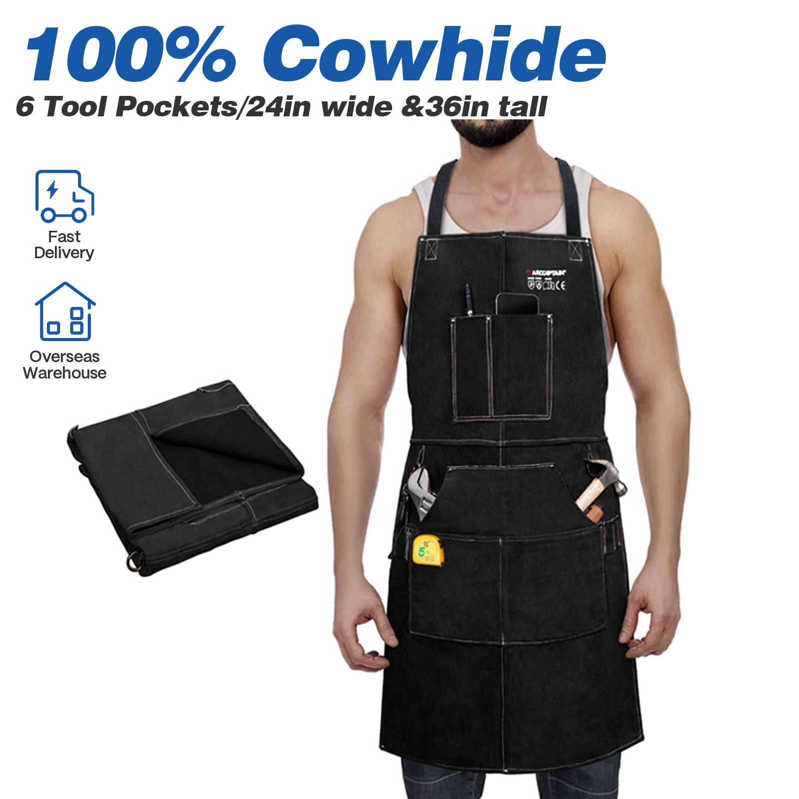 Leatherwork Apron - ARCCAPTAIN 革溶接作業エプロン 耐熱難燃性牛革鍛冶屋溶接エプロン 溶接作業用ツールポケット6個付き