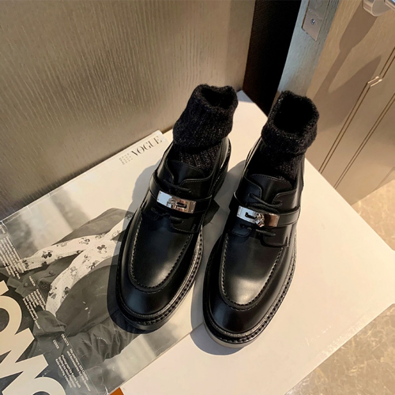 Leather Work Flats Women - レディースローファーシューズ レトロカジュアル スリップオン フラットシューズ チャンキーソール メタルバックル