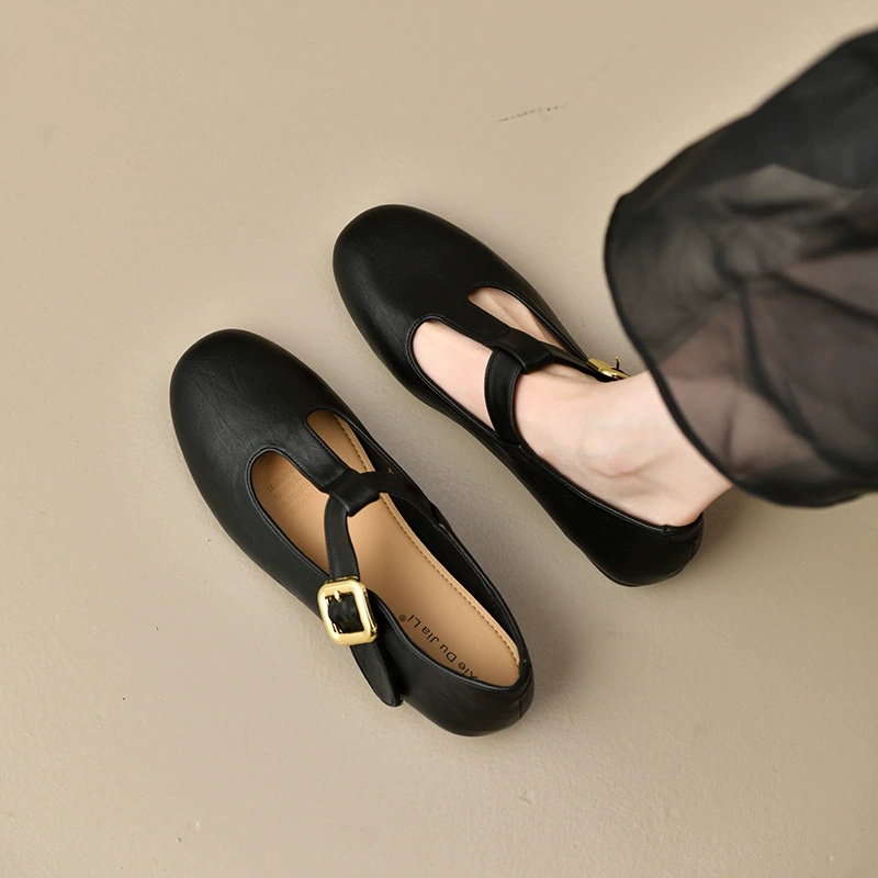 Leather Work Flats Women - レディースTストラップメリージェーンフラットレザーシューズ、レトロラウンドトゥソフトレザーフラットシューズ、女性用カジュアルオフィスワークバレエフラット