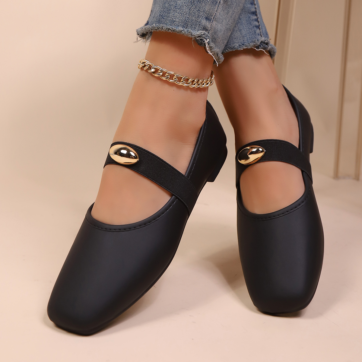 Leather Work Flats Women - ミニマリストソリッドカラーメリージェーンフラットシューズレディースシングルストラップゴールドオーバルハードウェアコンフォートウォーキングシューズデート結婚式仕事用