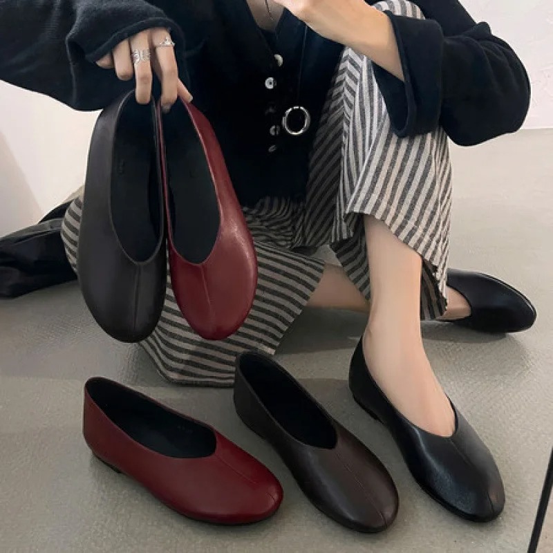 Leather Work Flats Women - 2026年春新作 レディース バーガンディ スリッポン フラットシューズ ラウンドトゥ