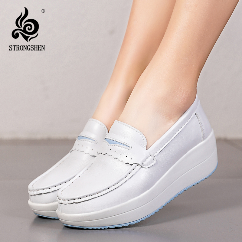 Leather Work Flats Women - Strongshen-女性のためのプラットフォームウェッジカジュアルシューズ,柔らかい看護作業靴,通気性と快適性,滑り止め,白い看護靴