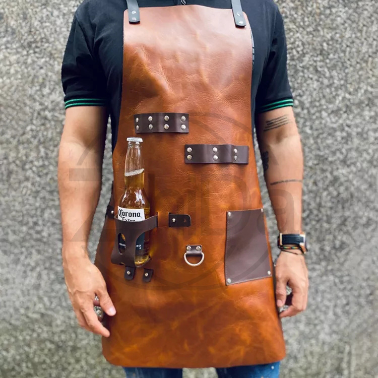 Leatherwork Apron - 多機能ボトルホルダー付きレザーエプロン PU＆クレイジーホースレザー マルチカラー アウトドア キャンプ BBQ