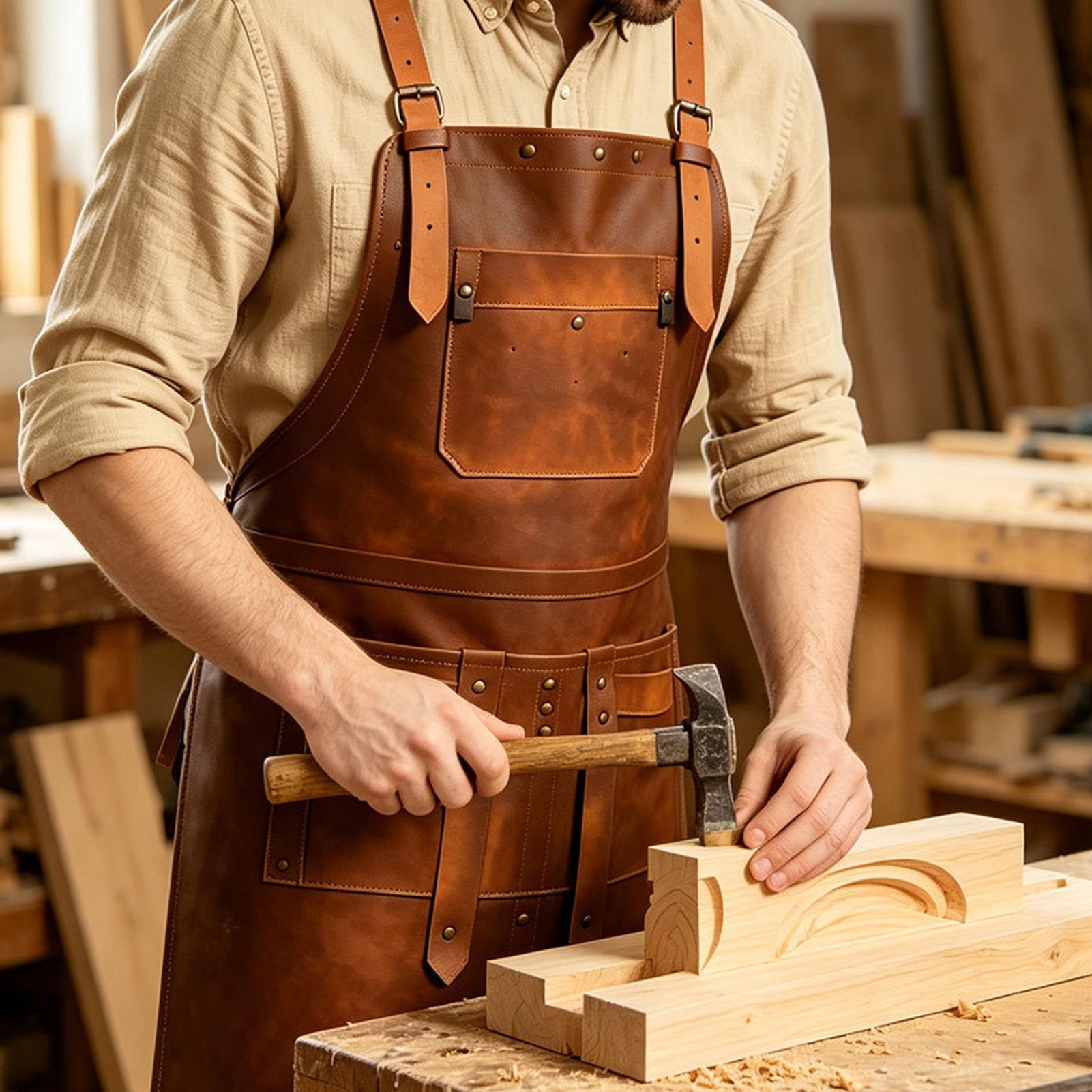 Leatherwork Apron - 複数のポケット付きレザーエプロン 防水調整可能なストラップ クロスバック木工エプロン バーベキュー、ベーキング、木工用