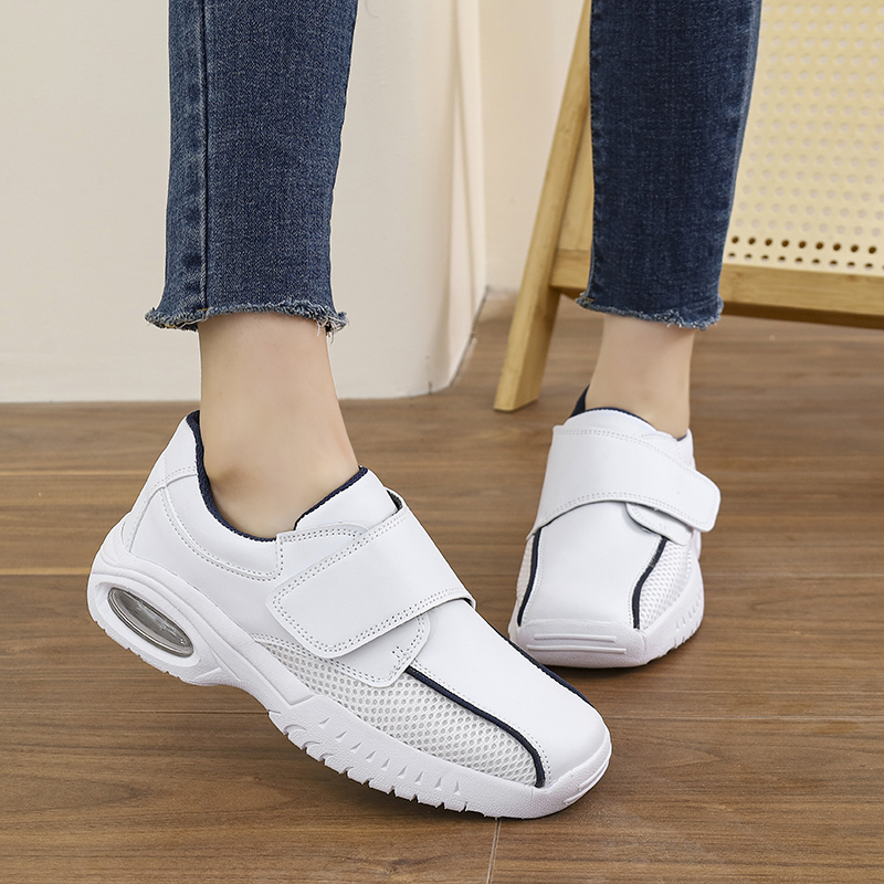 Leather Work Flats Women - プロフェッショナルな純白の看護師用シューズ、女性用、フックアンドループ式、滑り止め、エアクッション、快適、病院勤務用スニーカー