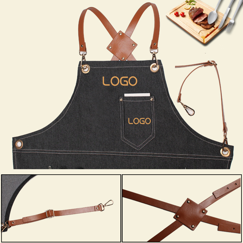 Leatherwork Apron - 花柄PUレザーストラップ付きデニムワークエプロン、バリスタ、理容師、女性、男性向け、カスタマイズ可能なブランドロゴ入り、レストラン、キッチンウェア