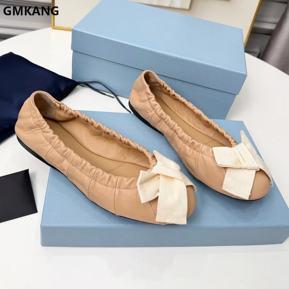 レディース バレエシューズ リボン付き プリーツ カジュアル - Leather Work Flats Women のレビューと価格