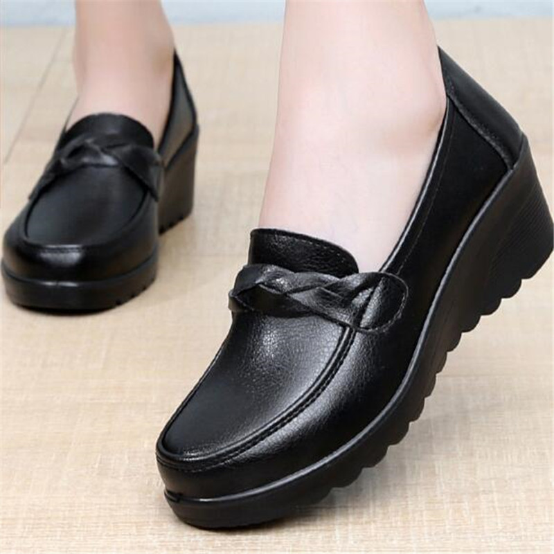 女性のためのカジュアルな革のウェッジシューズ,快適なスリッポ - Leather Work Flats Women のレビューと価格