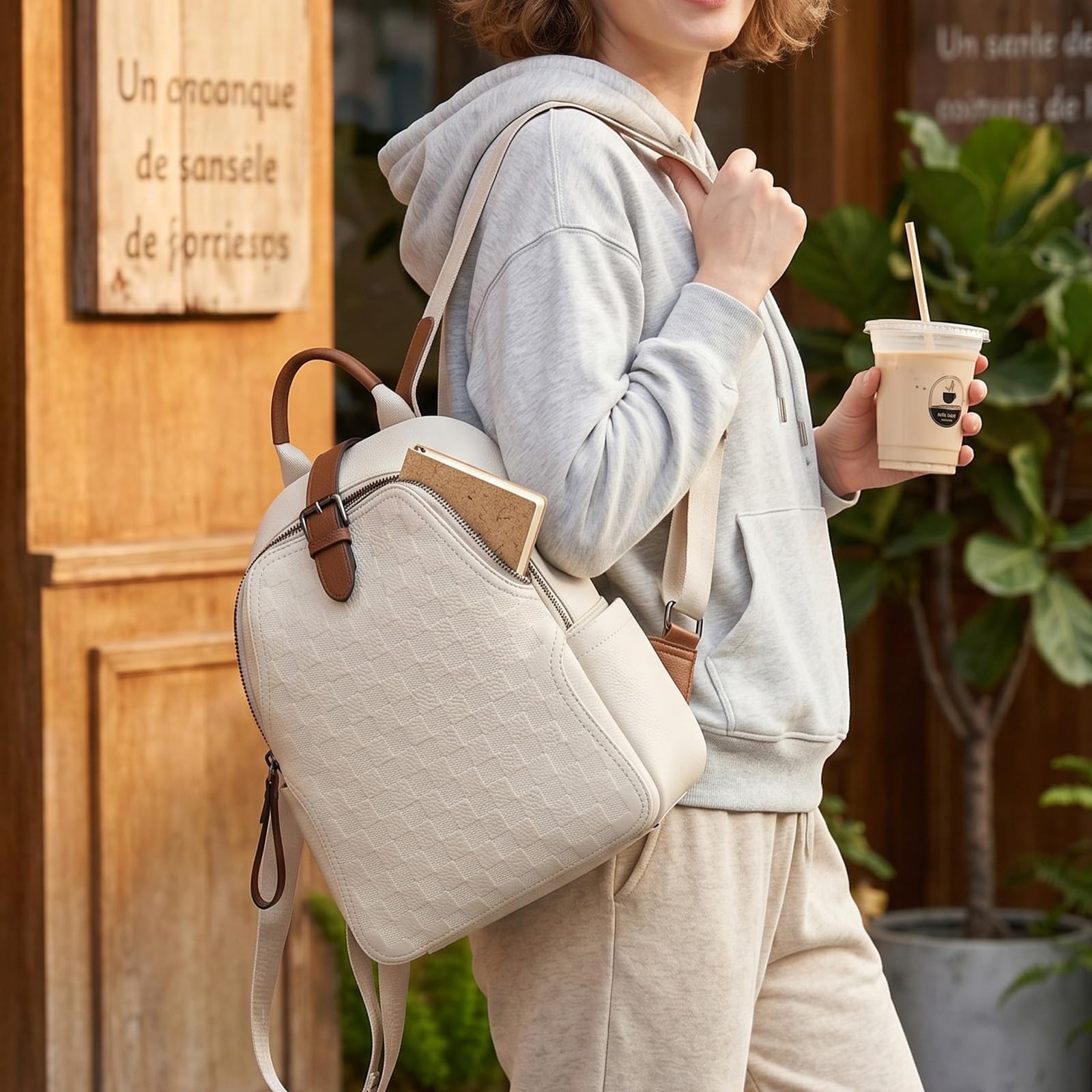 女性用エンボスチェック柄PUレザーバックパック、防水盗難防止 - Leather Work Womens Backpack のレビューと価格
