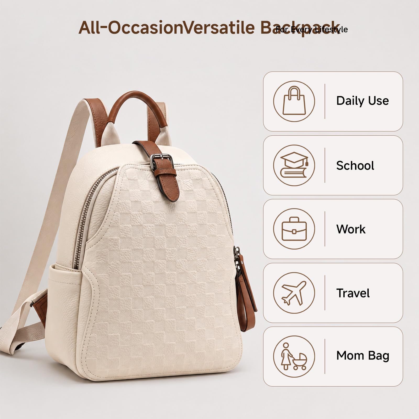 女性用エンボスチェック柄PUレザーバックパック、防水盗難防止 - Leather Work Womens Backpack のレビューと価格