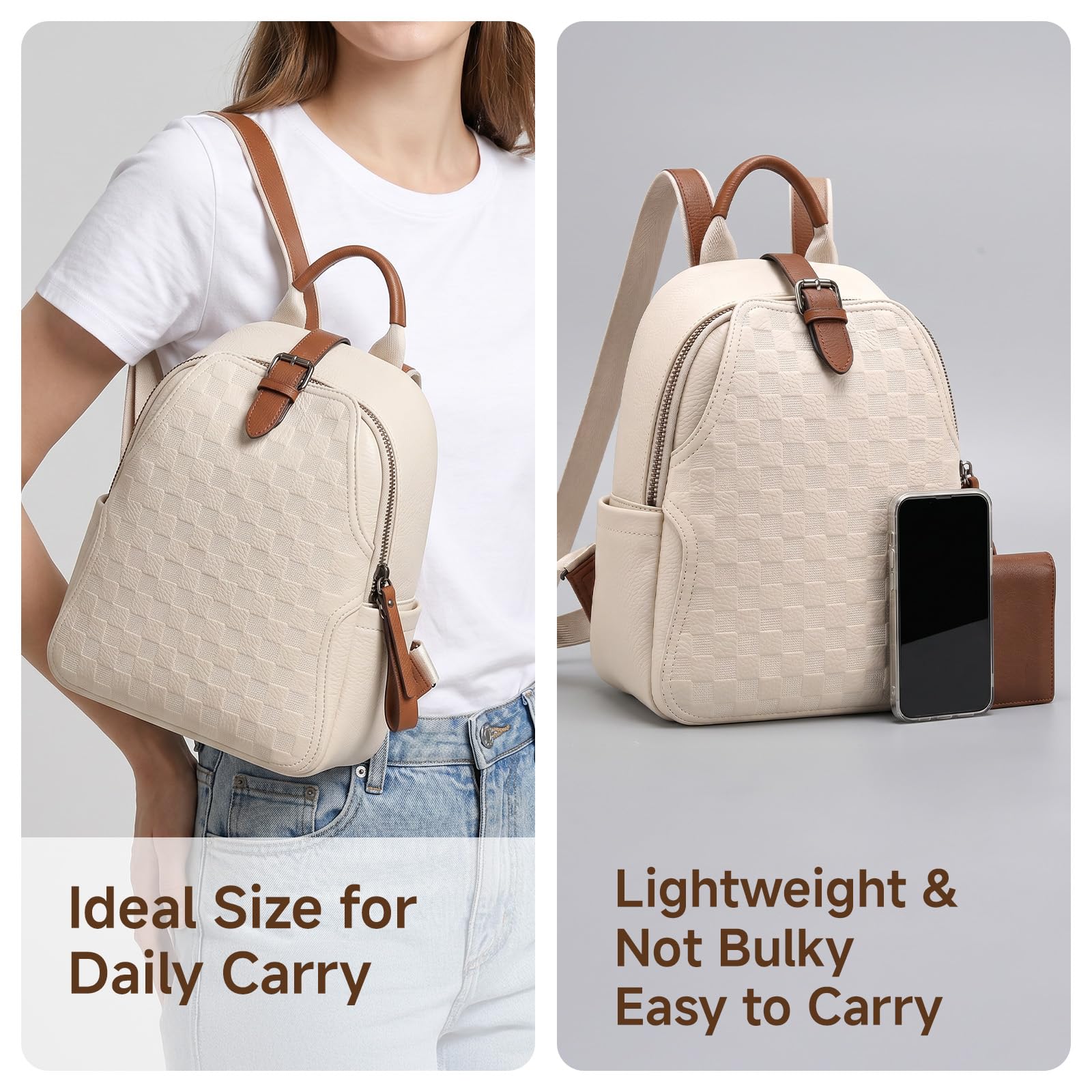 女性用エンボスチェック柄PUレザーバックパック、防水盗難防止 - Leather Work Womens Backpack のレビューと価格