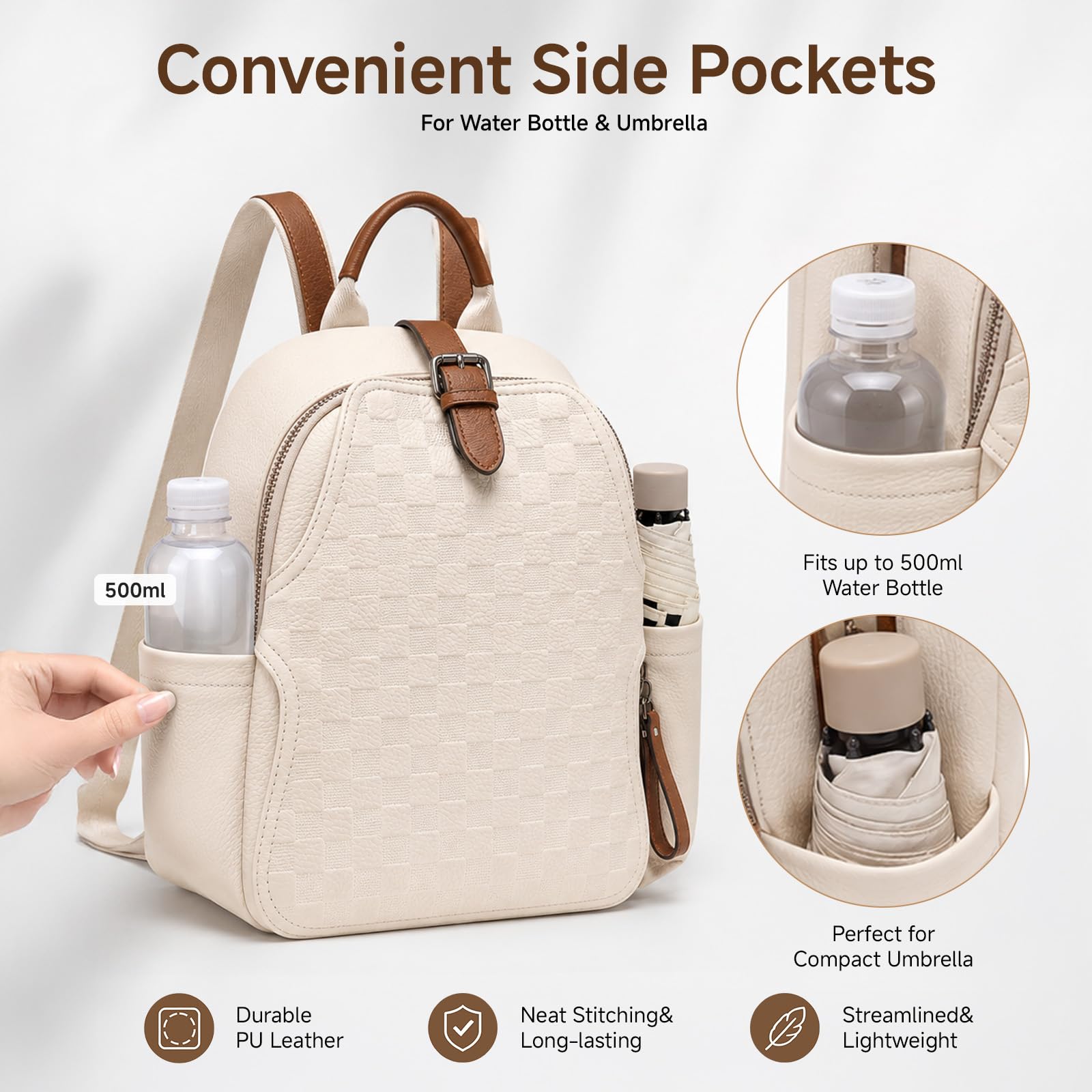 女性用エンボスチェック柄PUレザーバックパック、防水盗難防止 - Leather Work Womens Backpack のレビューと価格