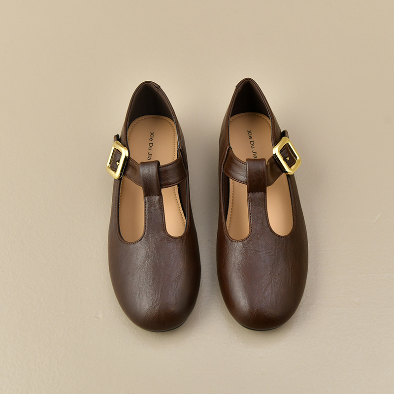レディースTストラップメリージェーンフラットレザーシューズ、 - Leather Work Flats Women のレビューと価格