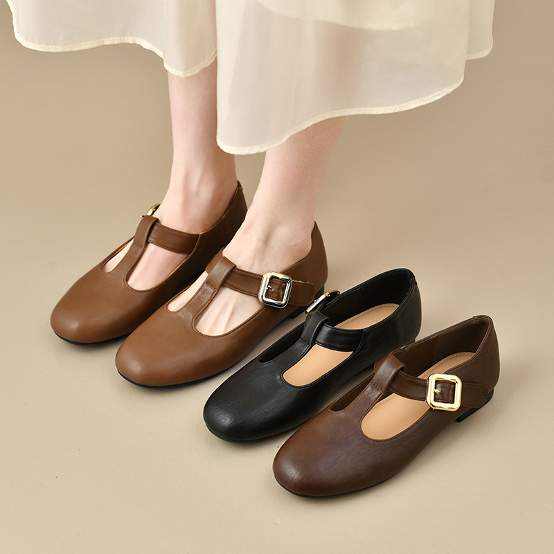 レディースTストラップメリージェーンフラットレザーシューズ、 - Leather Work Flats Women のレビューと価格