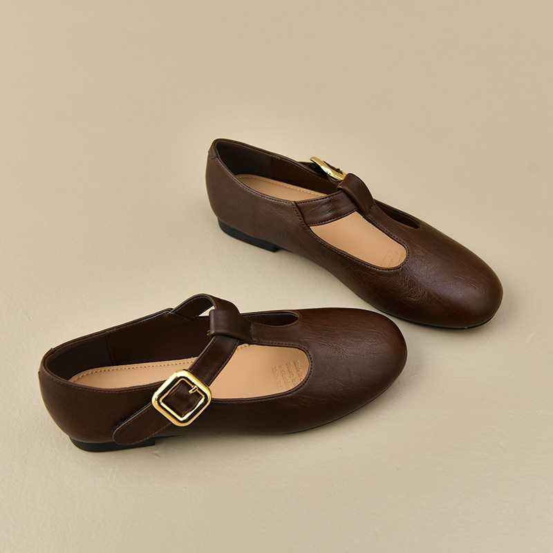 レディースTストラップメリージェーンフラットレザーシューズ、 - Leather Work Flats Women のレビューと価格