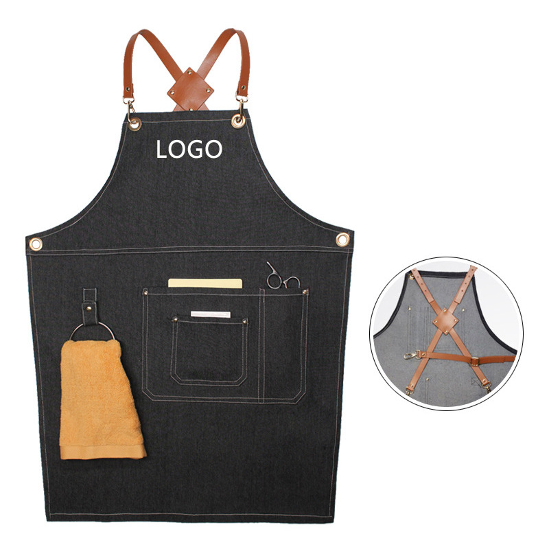 花柄PUレザーストラップ付きデニムワークエプロン、バリスタ、 - Leatherwork Apron のレビューと価格